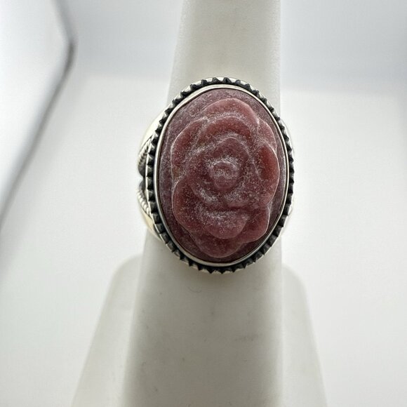 Carolyn Pollack Ring Pink Rose Floral Flower Rhodonite Carved 6 Sterling Silver - Picture 3 of 9